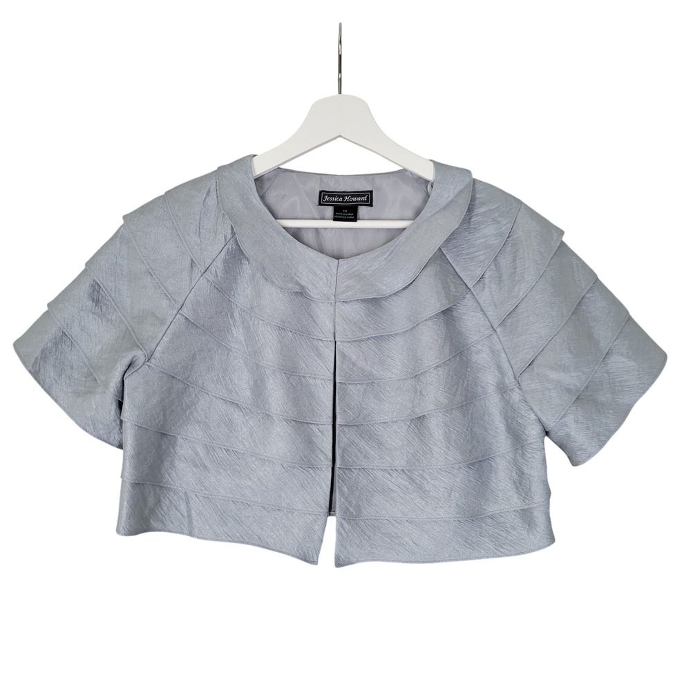 Jessica Howardâ Bolero Jacket Women 10 Silver Tiered Pleated Shrug Short Sleeve